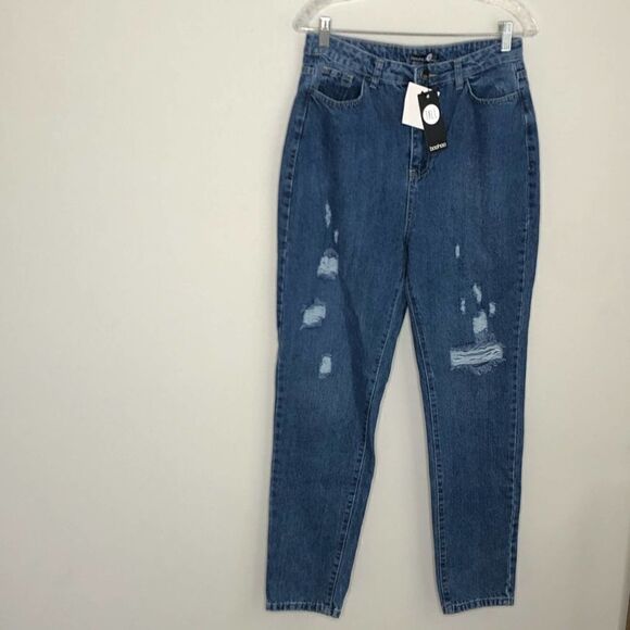 BOOHOO NWT Medium Denim Wash Mom Distressed Ripped Jeans, 8 Tall - Picture 6 of 10